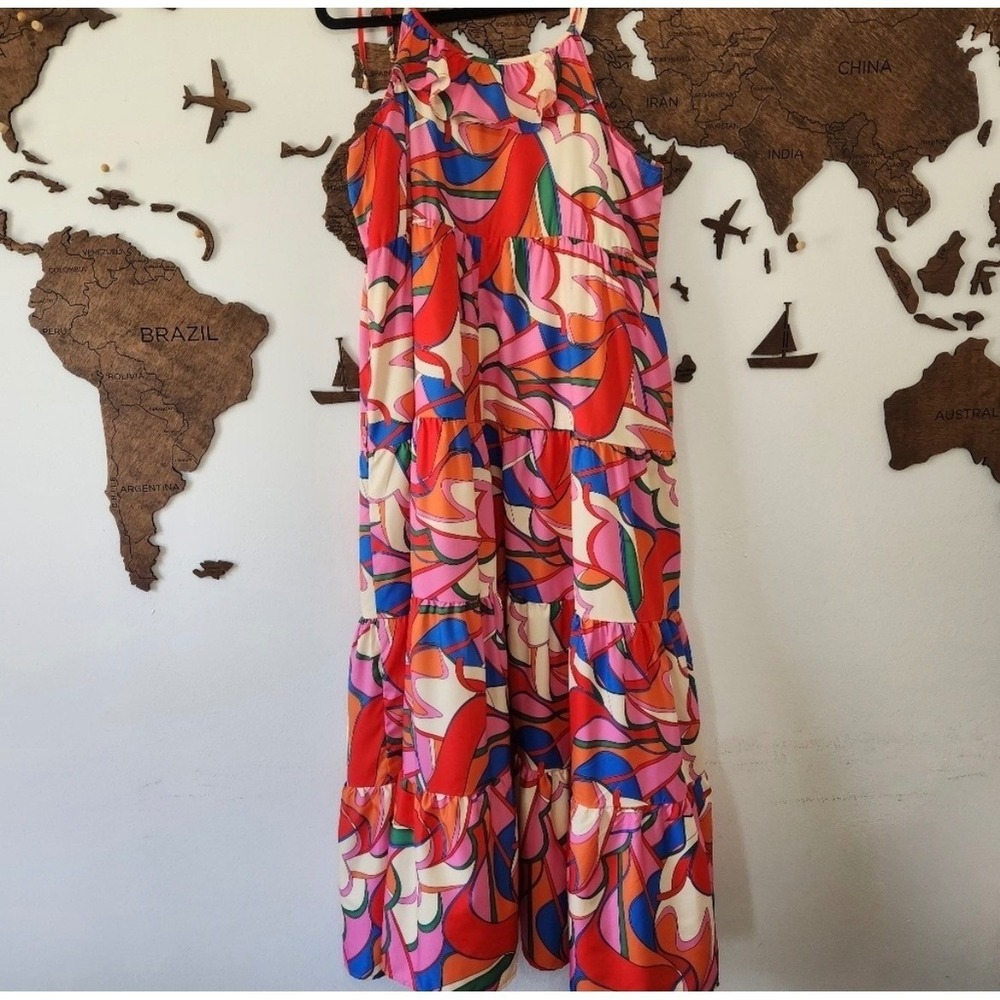 NWT Lida Kate Abstract Psychedelic Tiered Maxi Dress in Pink Multi Color Large - Picture 3 of 9